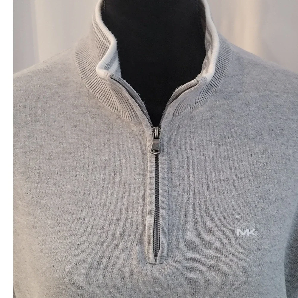 Michael Kors Mens Quarter Zip Sweater Gray Mock Neck Pullover Large MK Logo